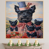 Mother Scottish Terrier and Three Puppies Wearing Patriotic Outfits by a Lake with Sailboat and American Flags on Ready to Hang 1.5" Thick Canvas Wrap, Floating Framed Canvas, Flat Rolled Canvas